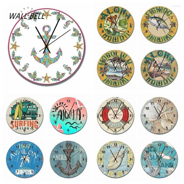 Horloges murales Aloha Hawaii Sea Sun Sand Horloge en bois Vacances Vacances Surf Club Décor Vintage Silent Art Suspendu WB077