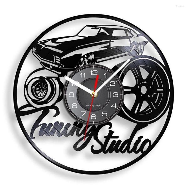 Relojes de pared American Classic Car Record Reloj para garaje Turning Studio Auto Wheel Tire Sport Rim Tallado Música Retro