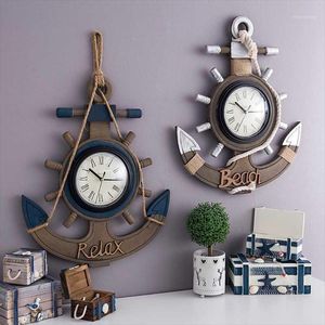 Horloges murales ancre horloge plage mer thème nautique bateau roue gouvernail direction décor suspendu décoration1