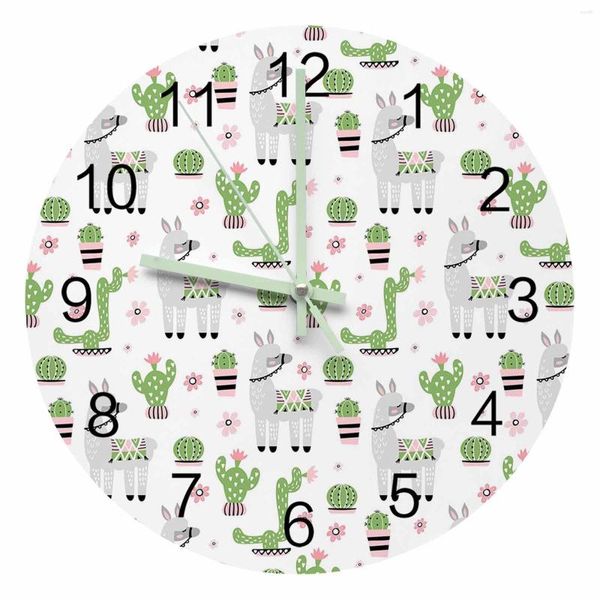 Horloges murales Animal alpaga Cactus vert pointeur lumineux horloge maison ornements rond silencieux salon chambre bureau décor