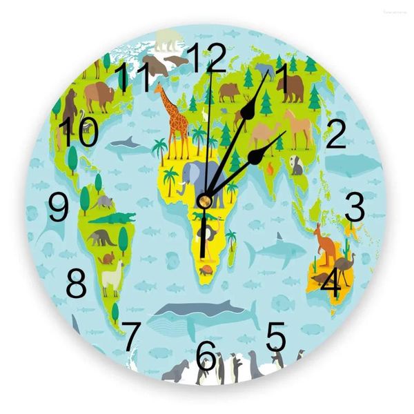 Relojes de pared con mapa de animales, reloj de tierra marina de dibujos animados, diseño moderno, decoración para sala de estar, cocina, reloj silencioso, decoración Interior del hogar