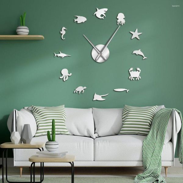 Relojes de pared Animales acuáticos Arte Espejo Pegatinas DIY Reloj gigante Submarino Habitación de niños Decoración de guardería Vida marina Reloj sin marco