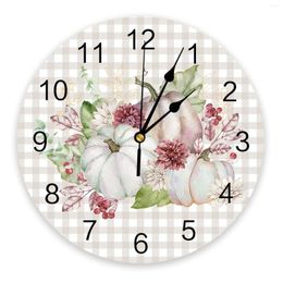 Wall Clocks Autumn Pumpkin Floral Plaid Clock Large Modern Kitchen Dinning Round Bedroom Silent Hanging Watch