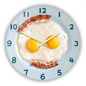 Horloges murales Bacon et œufs frits sourire horloge pour cuisine salle à manger petit déjeuner brouillé nourriture Art montre décorative