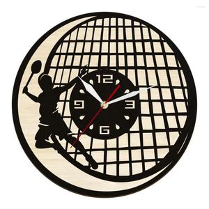 Relojes de pared, reproductor de bádminton, silueta cortada con láser, reloj de madera para dormitorio, volante, decoración del hogar, reloj de raqueta de madera de doble capa