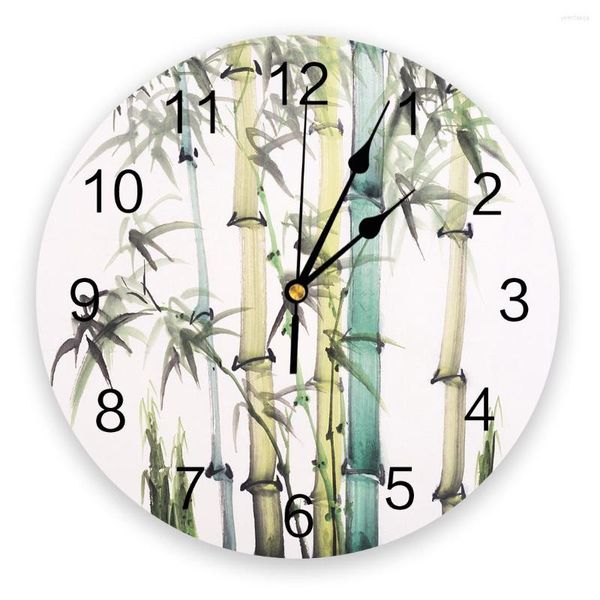 Horloges murales Bambou Encre Impression Horloge Art Silencieux Non Coutil Ronde Montre Pour La Maison Decortaion Cadeau