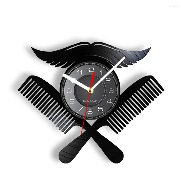 Relojes de pared Barber Shop Logo Reloj Peluquería Salón Diseño de interiores Registro Bigote con peines Decoración