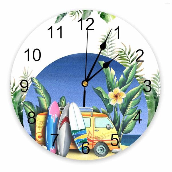 Horloges murales plage vélo surf feuilles tropicales aquarelle horloge d'été moderne silencieux salon décor à la maison montre suspendue