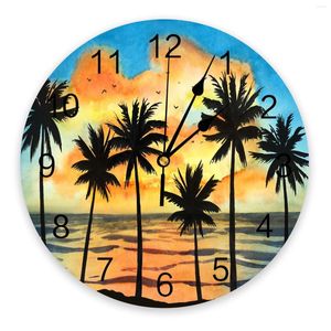 Horloges murales plage coucher de soleil palmiers aquarelle PVC horloge Design moderne salon décoration maison Decore numérique