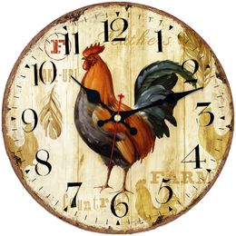 Relojes de pared Hermosa Rural Cantando Gallo Estampado de gallo Reloj de pared redondo Decorativo 12 pulgadas Funciona con pilas Cuarzo Analógico Reloj de escritorio silencioso 230310