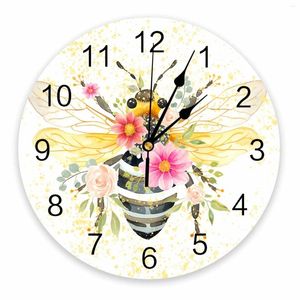 Horloges murales Bee Circle Dot Aquarelle Fleur Imprimé Horloge Moderne Silencieux Salon Décor À La Maison Montre Suspendue