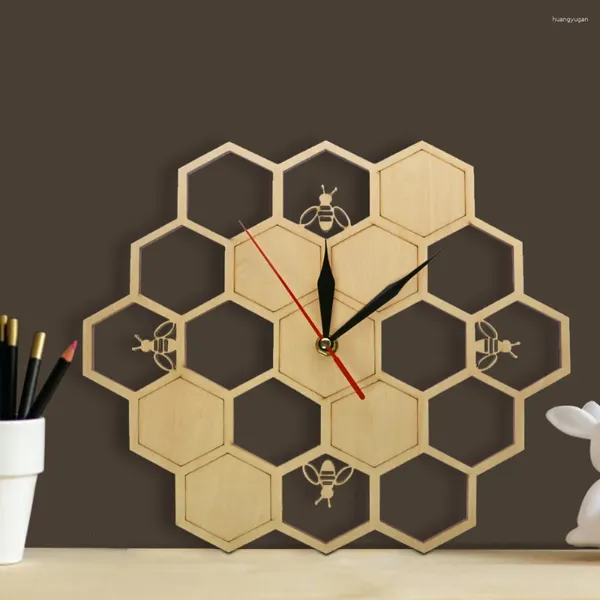 Horloges murales Abeilles et nid d'abeille Horloge en bois naturel Hexagone Art Bois Abeille Miel Contemporain