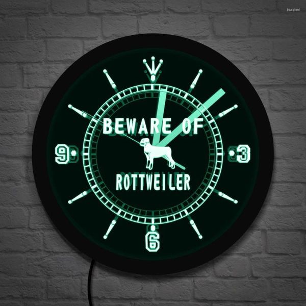 Relojes de pared Cuidado con Rottweiler LED Reloj de neón Decoración para el hogar Razas de perros Luz nocturna Cachorro con luz de fondo