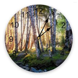 Horloges murales bouleau forêt bois tôt le matin horloge ronde créative décor à la maison salon quartz aiguille montre suspendue