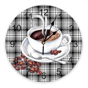 Horloges murales Grille noire et blanche Grains de café Silencieux Home Cafe Bureau pour l'art de la cuisine