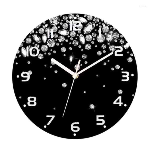 Horloges murales Noir Glitter Bijoux Chute Gemmes Sparkle Brillant Diamant Imprimer Horloge Salon Grand Rond Suspendu Décor Silencieux