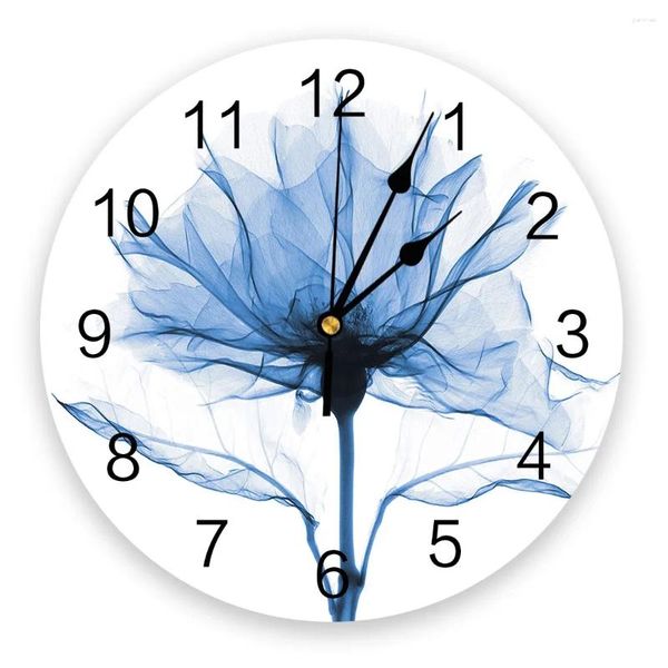 Horloges murales Fleur bleue Abstraite Horloge blanche pour la décoration de la maison Salon Quartz Aiguille Suspendue Montre Cuisine moderne