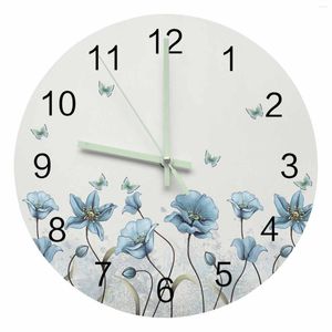 Horloges murales bleu fleur papillon pointeur lumineux horloge maison ornements rond silencieux salon chambre bureau décor