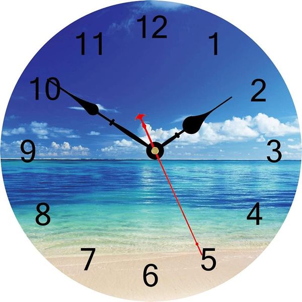 Relojes de pared Reloj de mar azul pacífico 14 pulgadas Silencioso Sin tictac Hermoso cielo Playa Redondo Fácil de leer Decorativo