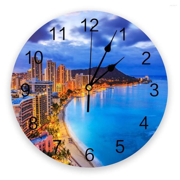 Horloges murales bleu mer ville bâtiment paysage horloge décor à la maison chambre silencieux Oclock montre numérique pour les chambres d'enfants