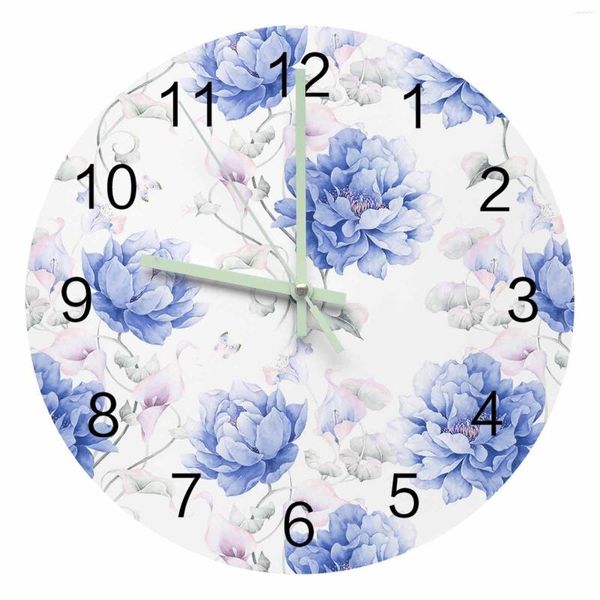 Horloges murales bleu aquarelle fleurs rétro blanc pointeur lumineux horloge maison ornements rond silencieux salon bureau décor