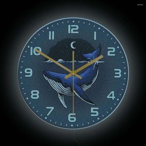 Horloges murales bleu baleine LED éclairage horloge chevet nuit lampe pour pépinière enfants chambre Animal marin décor à la maison montre lumineuse