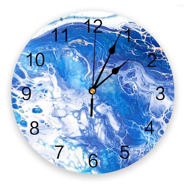 Horloges murales Bleu Blanc Marbre Texture Chambre Horloge Grande Cuisine Moderne Salle À Manger Montres Rondes Salon Montre Décor À La Maison