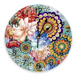 Wandklokken Boheemse bloem mandala plant ronde klok creatief woning decor woonkamer quartz naald digitale hanging horloge