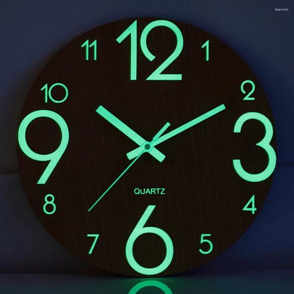 Relojes de pared Reloj brillante Cocina silenciosa de madera de 12 pulgadas con luz nocturna adecuada para salas de estar interiores/exteriores