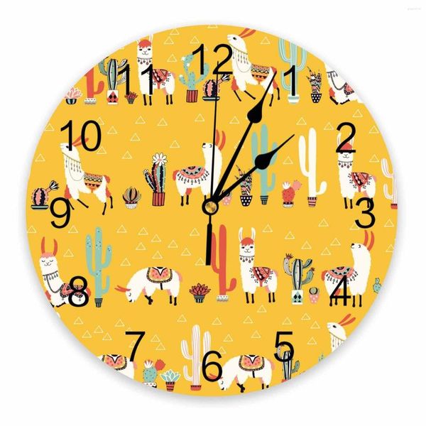 Horloges murales dessin animé Cactus Lama alpaga mexique Kawaii horloge ronde décorative Design personnalisé Non tic-tac chambres silencieuses grandes