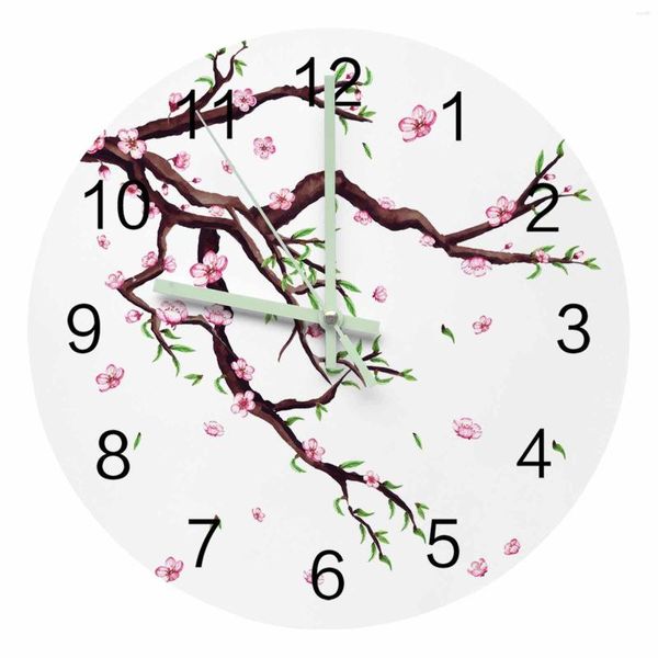 Relojes de pared flores de cerezo flores hojas ramas puntero luminoso reloj adornos para el hogar redondo silencioso decoración para sala de estar