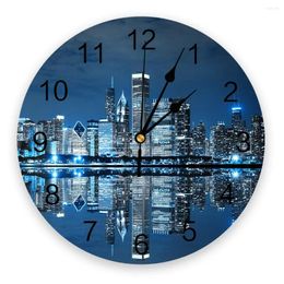 Horloges murales Chicago Landscape Architecture Night View Clock moderne pour le bureau à domicile Décoration du salon Decor de salle de bain Watch suspendu
