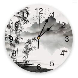Horloges murales Chinois Encre Paysage Peinture Bambou Horloge Ronde Suspendue Temps Silencieux Maison Intérieur Chambre Salon Bureau Décor