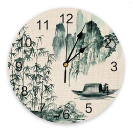 Relojes de pared pintura china paisaje bambú barco reloj silencioso Digital para el hogar dormitorio cocina sala de estar decoración