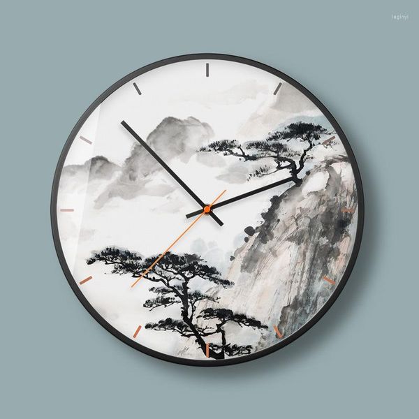 Horloges murales Style chinois horloge muette rétro encre peinture pin salon
