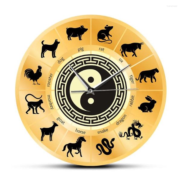 Horloges murales Signe du zodiaque chinois Sheng Xiao Horloge Culture Art Yin et Yang Cercle Silencieux Montre sans tic-tac