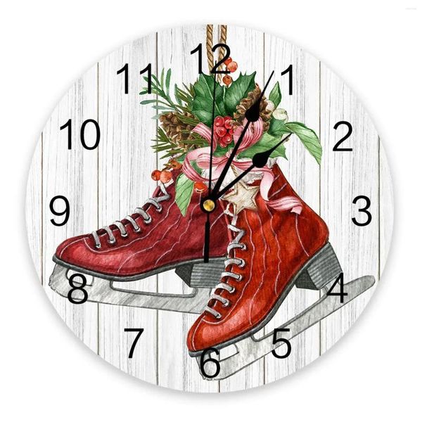 Relojes de pared Navidad agujas de pino patines grano de madera reloj redondo diseño moderno cocina colgante reloj decoración del hogar silencioso