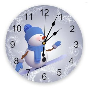 Horloges murales Noël bonhomme de neige planche à roulettes dessin animé rond bureau horloge numérique non-tic-tac créatif montre de chambre pour enfants