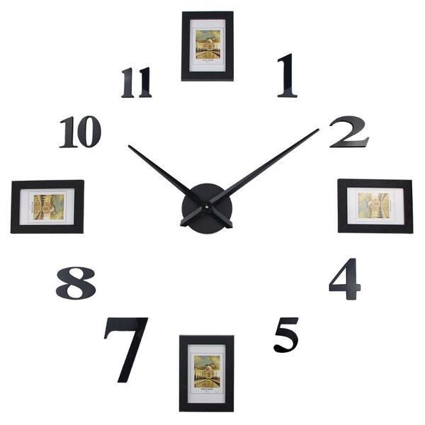 Horloges murales horloge 3D Po cadre grande montre muette autocollants pour la décoration intérieure bricolage WatchWallWall