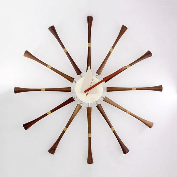 Relojes de pared Reloj con madera de color nogal para sala de estar Decoración del hogar Diseño moderno 3D