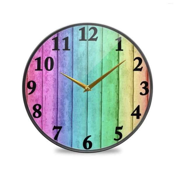 Relojes de pared Fondo de madera colorido Reloj de impresión Funciona con batería Silencioso Sin tictac Acrílico Reloj colgante redondo Decoración del hogar