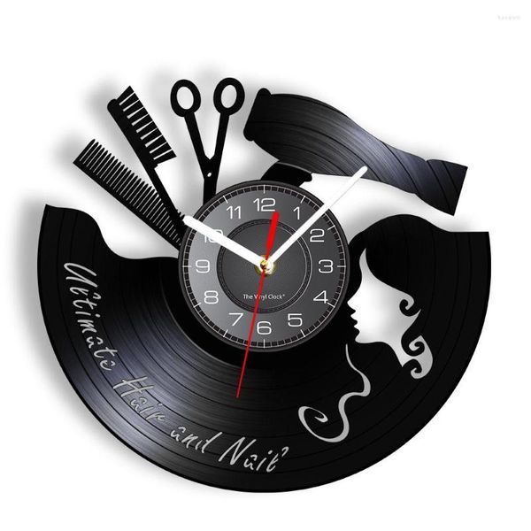 Horloges murales peigne ciseaux sèche-cheveux Salon de beauté horloge coiffeur Record Vintage barbier signe coupe de cheveux Art cadeau