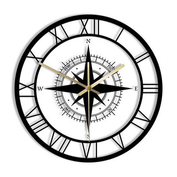 Horloges murales Compass Direction Carte exclusive Horloge silencieuse Navigation Black Wind Rose Home Decoration Traveler Interior Design Vintage Watch Q240509