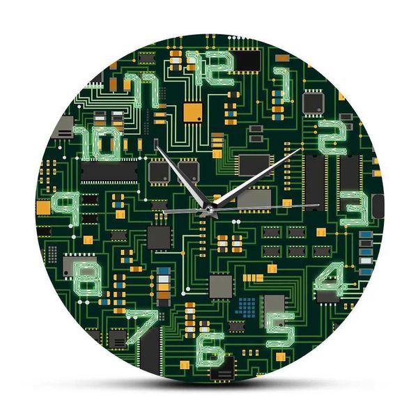 Horloges murales Computer Electronic Chip Circuit Circuit Geek Clock Green PC Printing Art Engineer Office Office Decoration Q240509