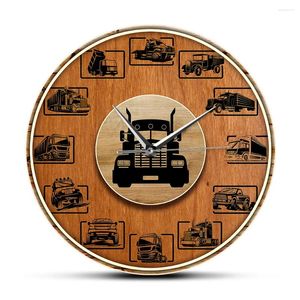 Horloges murales ensembles de véhicules de construction horloge imprimée camion transport garçon chambre décor silencieux non-tic-tac montre camionneur cadeau