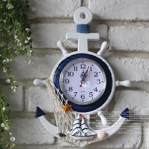 Relojes de pared Reloj creativo Estilo mediterráneo Azul y blanco Ancla de timón Reloj electrónico Decoración Decoración náutica