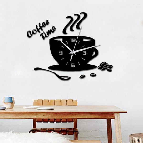 Horloges murales créatives tasse à café horloge autocollant design moderne miroir 3D décoration de la maison accessoires salon décor de fond