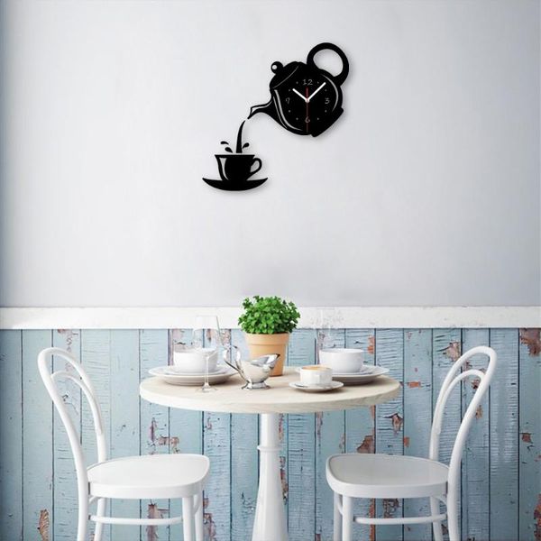 Relojes De pared espejo De taza De café creativo 2021 llegadas reloj De cocina De Metal De cuarzo agujas decoración del hogar reloj De pared