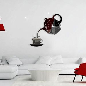 Horloges murales créatives bricolage acrylique tasse à café théière horloge effet miroir 3D décoratif salon décor à la maison décalcomanie