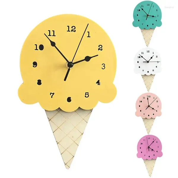 Relojes de pared creativos con forma de helado, reloj montado con dibujos animados, decoración de madera para habitación de niños, para la escuela de verano, oficinas en casa